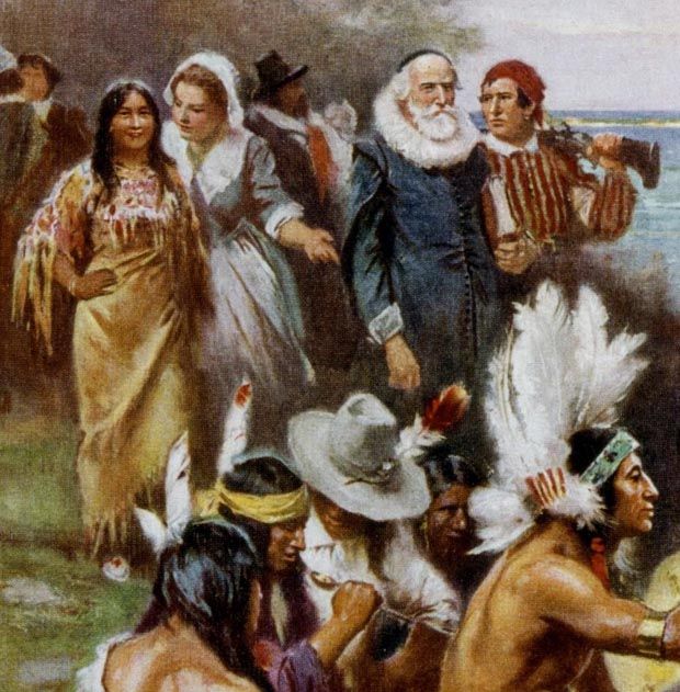 620x631 Thanksgiving History Pilgrims - The First Thanksgiving Painting