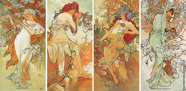 600x293 Oil Painting Reproduction Of Quadriptych The 4 Seasons (Mucha) - The Four Seasons Painting