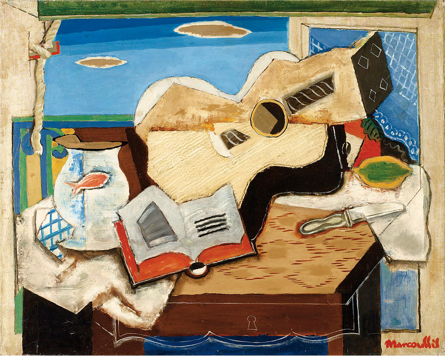900x720 Goldfish Bowl Book And Guitar In Front Of A Window Painting By - The Goldfish Window Painting