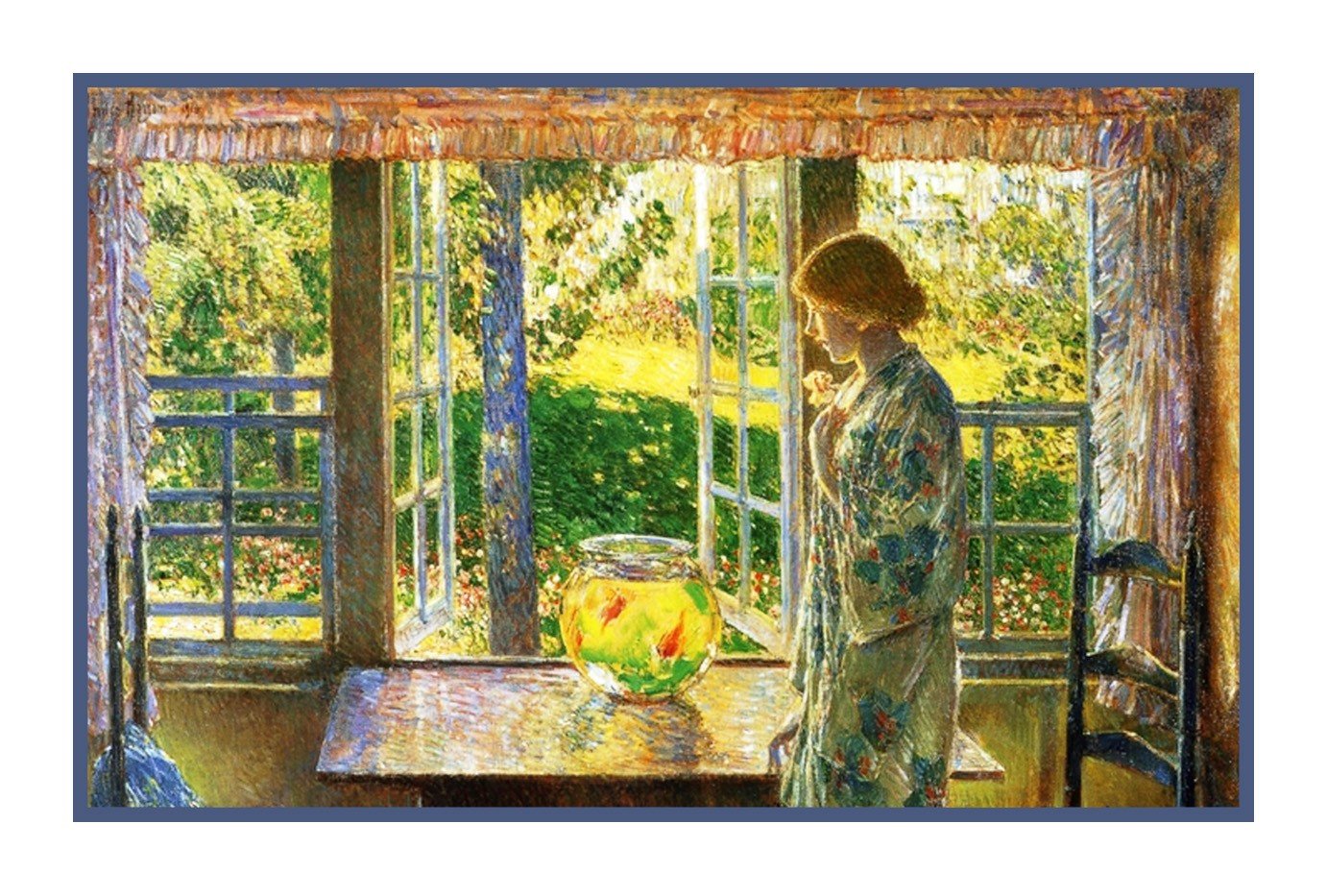 1382x933 Woman Looking The Goldfish Window By American Impressionist - The Goldfish Window Painting