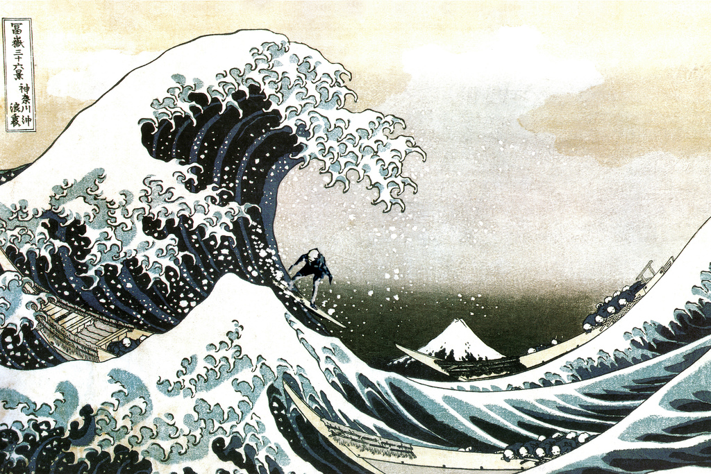 1024x683 Surfing The Great Wave Off Kanagawa Hokusai Art Humor Poster 12x18 - The Great Wave Off Kanagawa Painting
