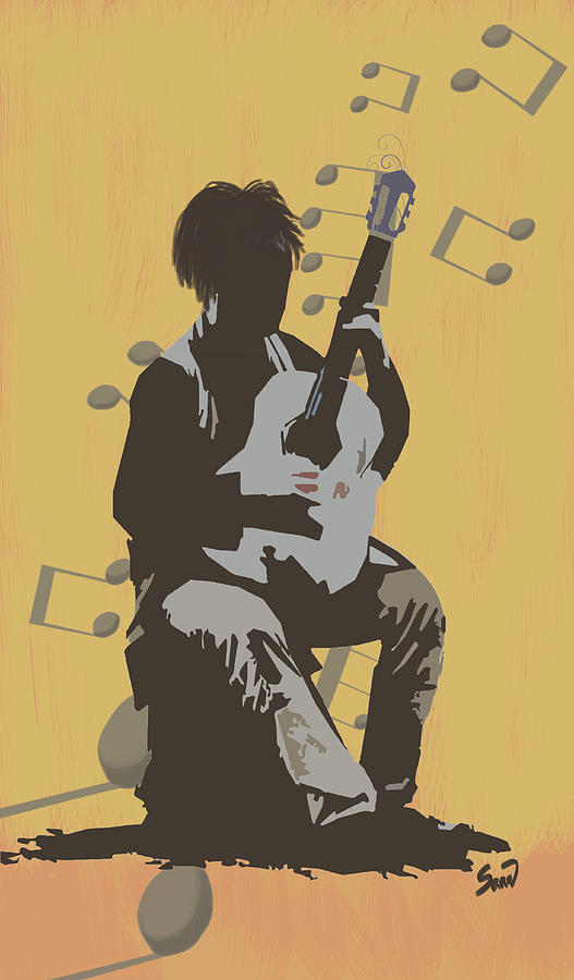 527x900 Guitar Player Painting By Yiries Saad - The Guitar Player Painting