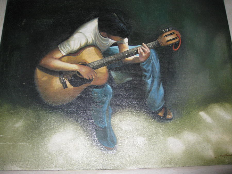 900x675 Young Boy Playing The Guitar Painting By Lucille Valentino - The Guitarist Painting