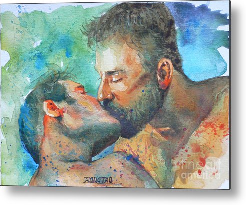 493x411 Original Watercolour Painting Art Portrait Of Two Men - The Kiss Painting Original