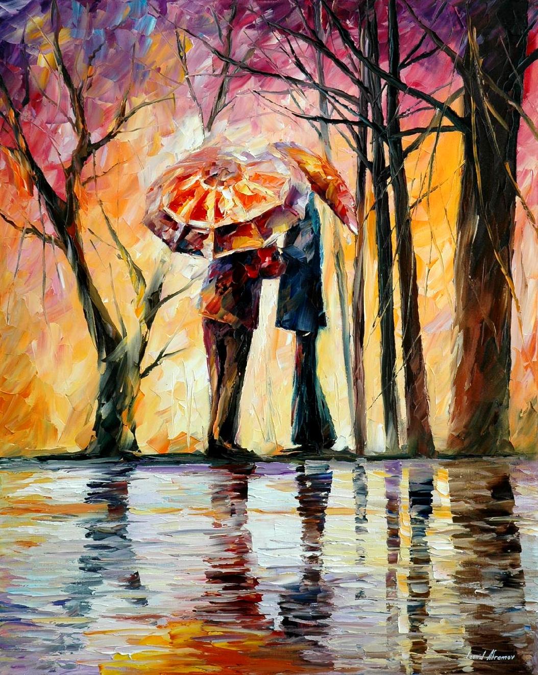 1054x1321 Rainy Date Palette Knife Oil Painting On Canvas By Leonid - The Kiss Painting Original