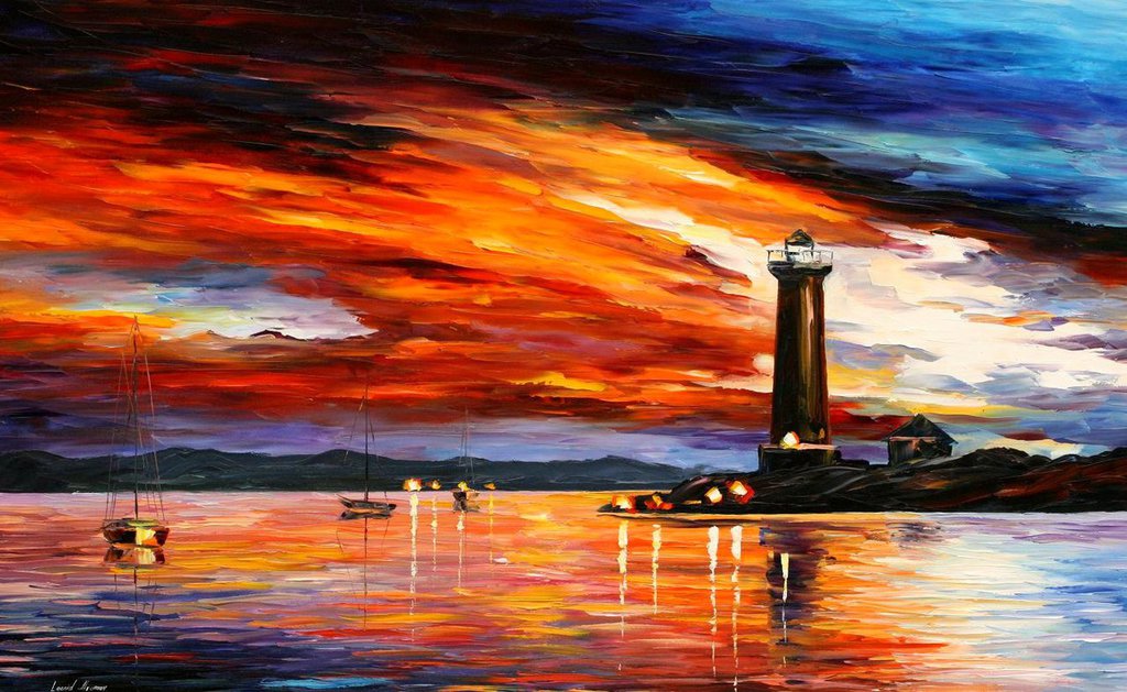 1024x629 By The Lighthouse By Leonid Afremov By Leonidafremov - The Lighthouse Painting