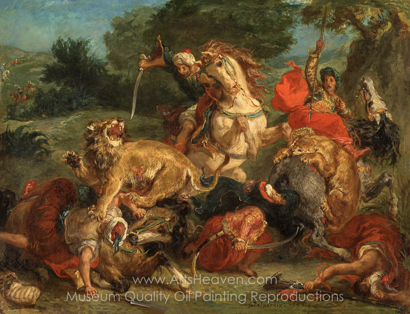 820x628 Reproduction Painting Eugene Delacroix Lion Hunt, Hand Painted - The Lion Hunt Painting