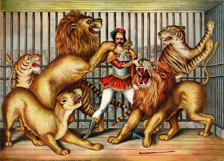 900x648 A Lion Tamer In Cage With Two Lions Painting By Celestial Images - The Lion Tamer Painting