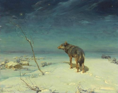 500x397 The Lone Wolf Painting Alfred Von Wierusz Kowalski Oil Paintings - The Lone Wolf Painting