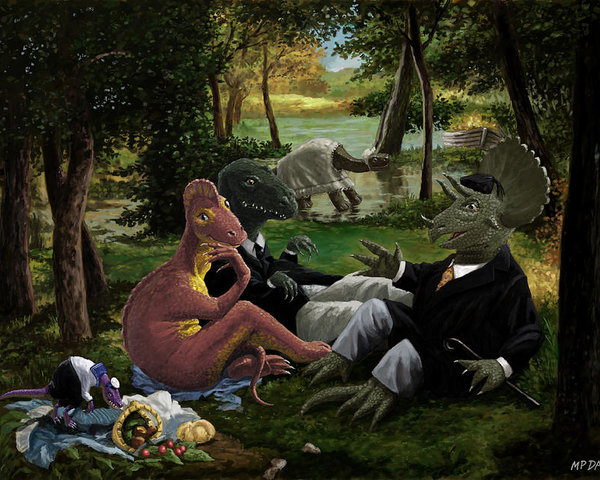600x480 The Luncheon On The Grass With Dinosaurs Poster By Martin Davey - The Luncheon On The Grass Painting