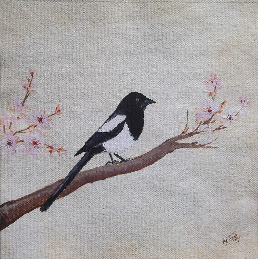 896x900 Magpie On Cherryblossm Tree Painting By Sheela Padmanabhan - The Magpie Painting