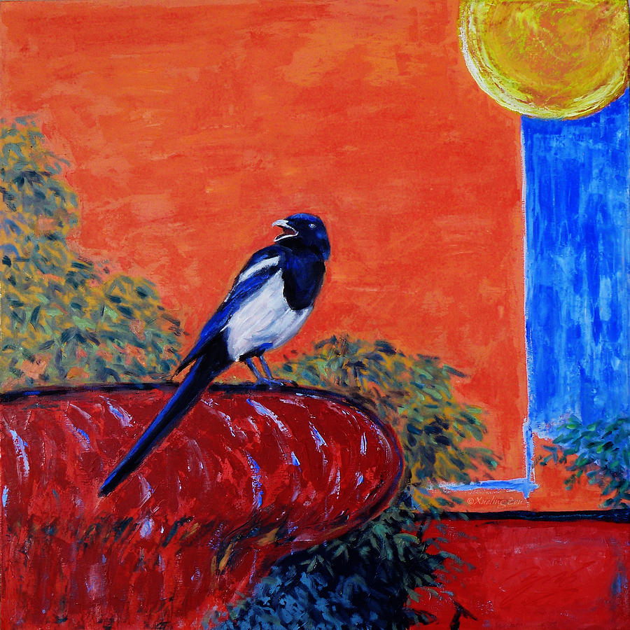 900x900 Magpie Singing At The Bath Painting By Xueling Zou - The Magpie Painting
