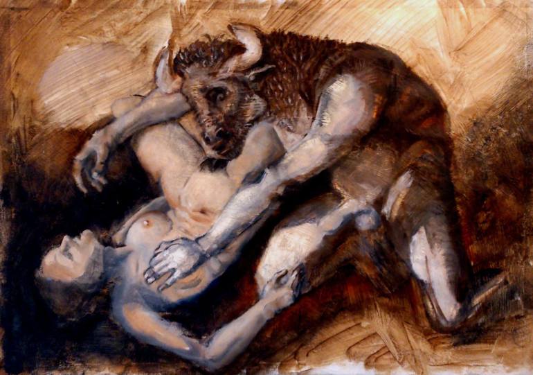 770x541 Saatchi Art Minotaur And The Muse Painting By Michael Chomse - The Minotaur Painting