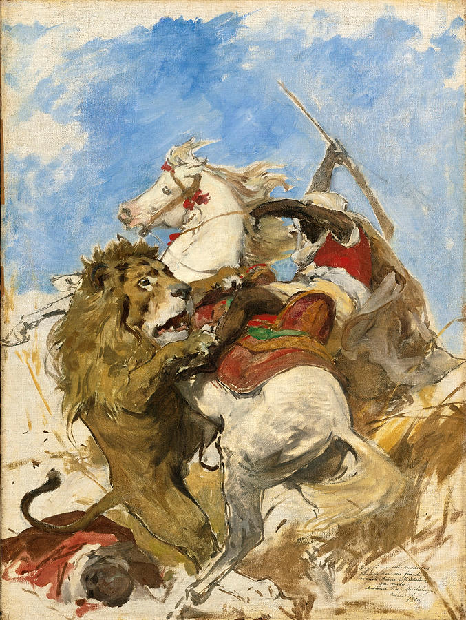 677x900 The Lion And The Moor Painting By Arturo Michelena - The Moor Painting