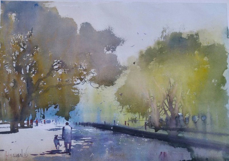 800x563 Morning Walk By Artist Bijay Biswaal Cityscape Art Watercolor - The Morning Walk Painting