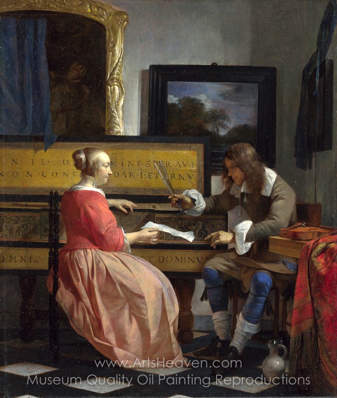 694x820 Reproduction Painting Gabriel Metsu The Music Lesson, Hand Painted - The Music Lesson Painting