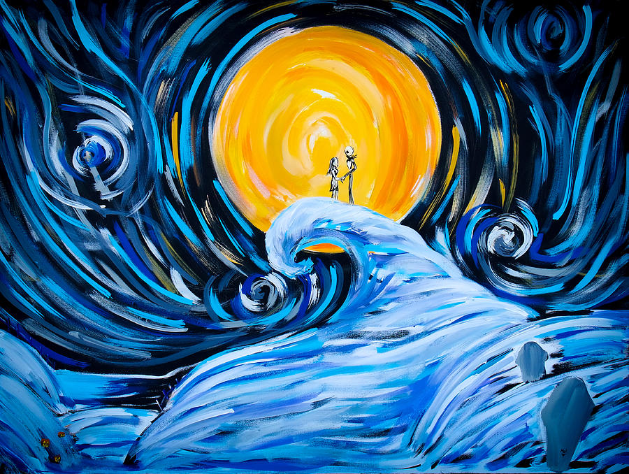 900x678 Starry Spiral Hill Night Painting By Marisela Mungia - The Nightmare Before Christmas Painting