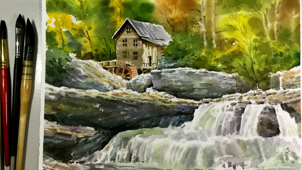 1280x720 Watercolor Painting Old Mill Wallpaper No.02 - The Old Mill Painting