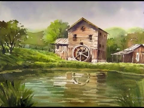 480x360 Watercolor Landscape Painting Old Mill Silhouetted Against - The Old Mill Painting