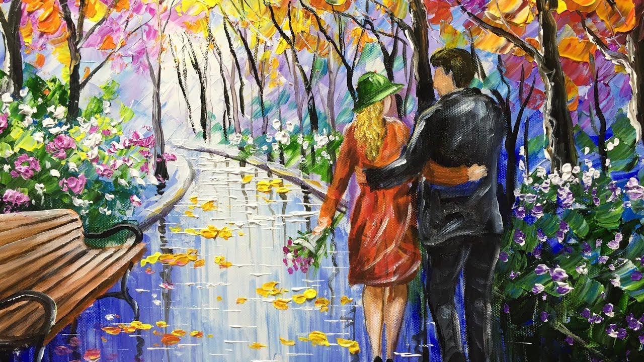 1280x720 Painting Of A Couple Walking In The Park - The Park Painting
