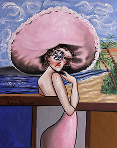 237x300 Pink Original Painting Woman Hat Lady Hat Ocean Palm Trees Cubism - The Pink Lady Painting