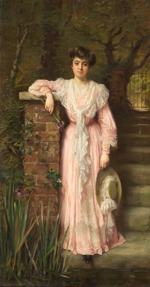 500x954 A Portrait Of A Lady In A Garden Wearing A Pink Dress Holding - The Pink Lady Painting