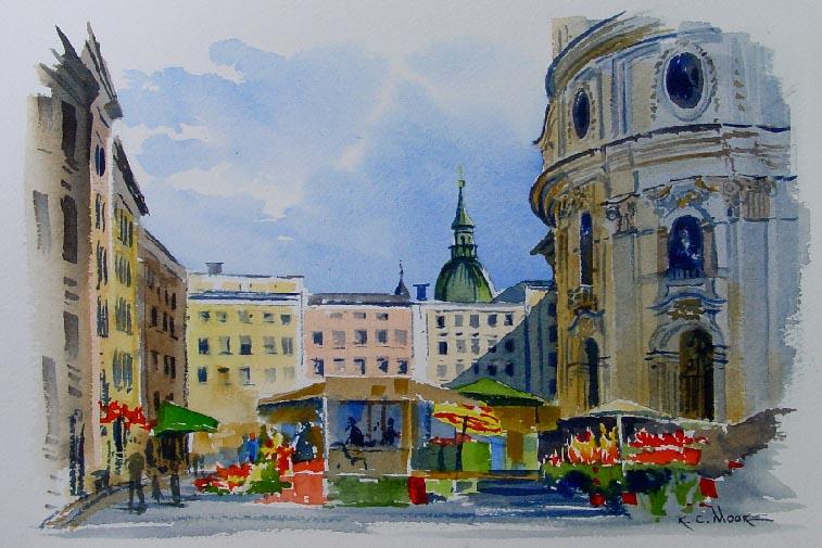 757x505 Watercolor Painting Of University Church In Salzburg, Austria - The Plaza Painting