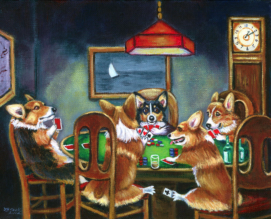 900x728 The Corgi Poker Game Painting By Lyn Cook - The Poker Game Painting