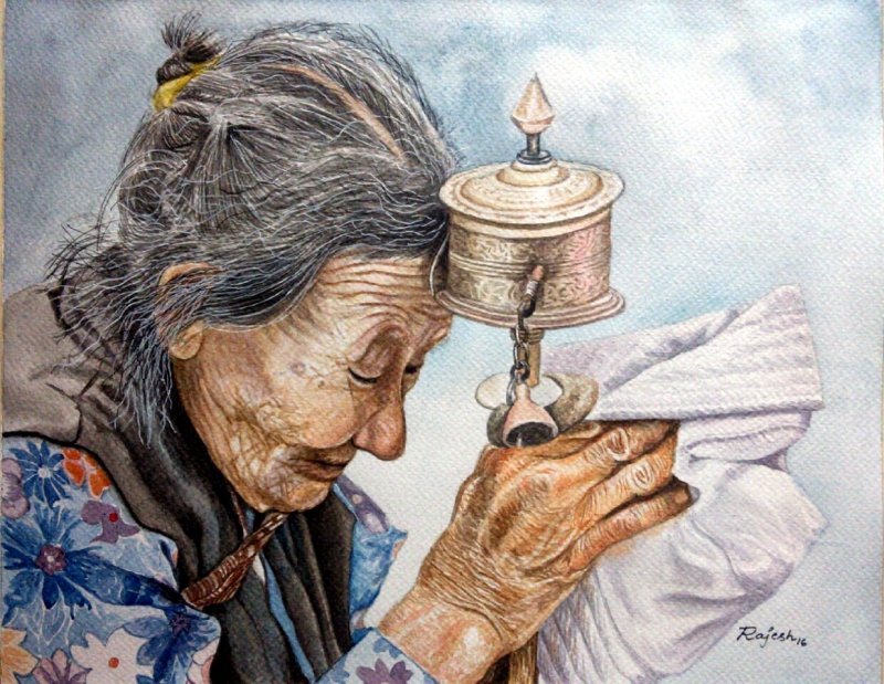 800x619 The Prayer By Artist Guru Rajesh Figurative Art Watercolor - The Prayer Painting