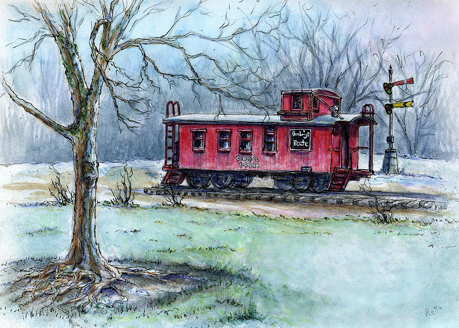 900x642 Retired Red Caboose Painting By Retta Stephenson - The Red Caboose Painting