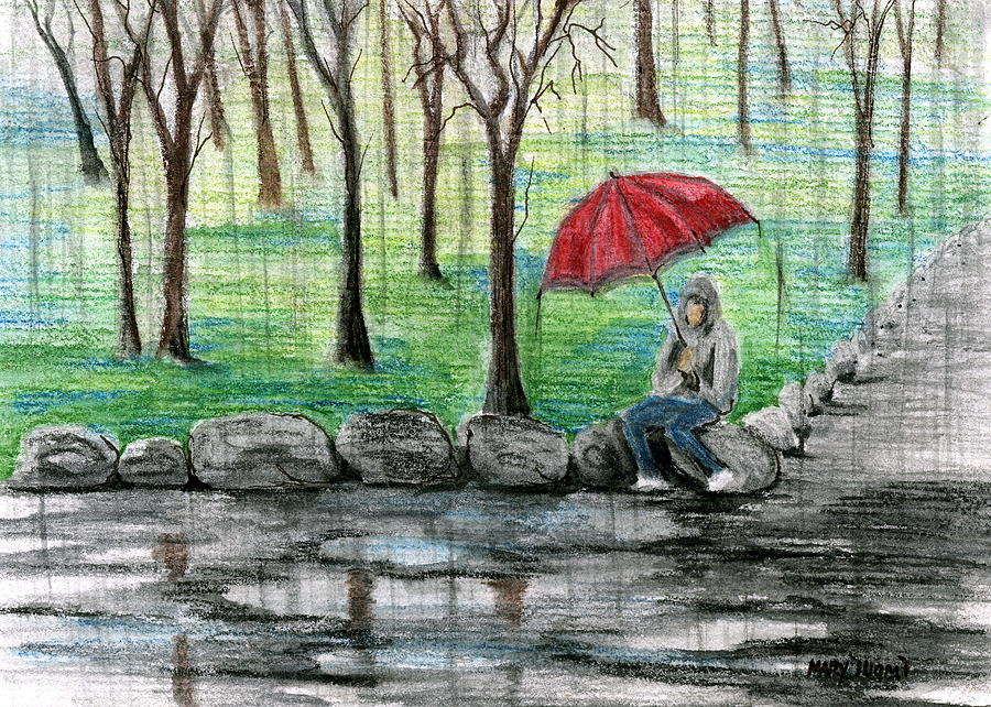 900x642 The Red Umbrella Painting By Mary Tuomi - The Red Umbrella Painting