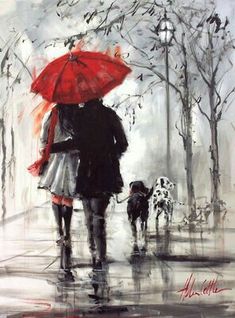 235x318 Girl With A Red Umbrella Walking In The Rain With Two Dogs - The Red Umbrella Painting