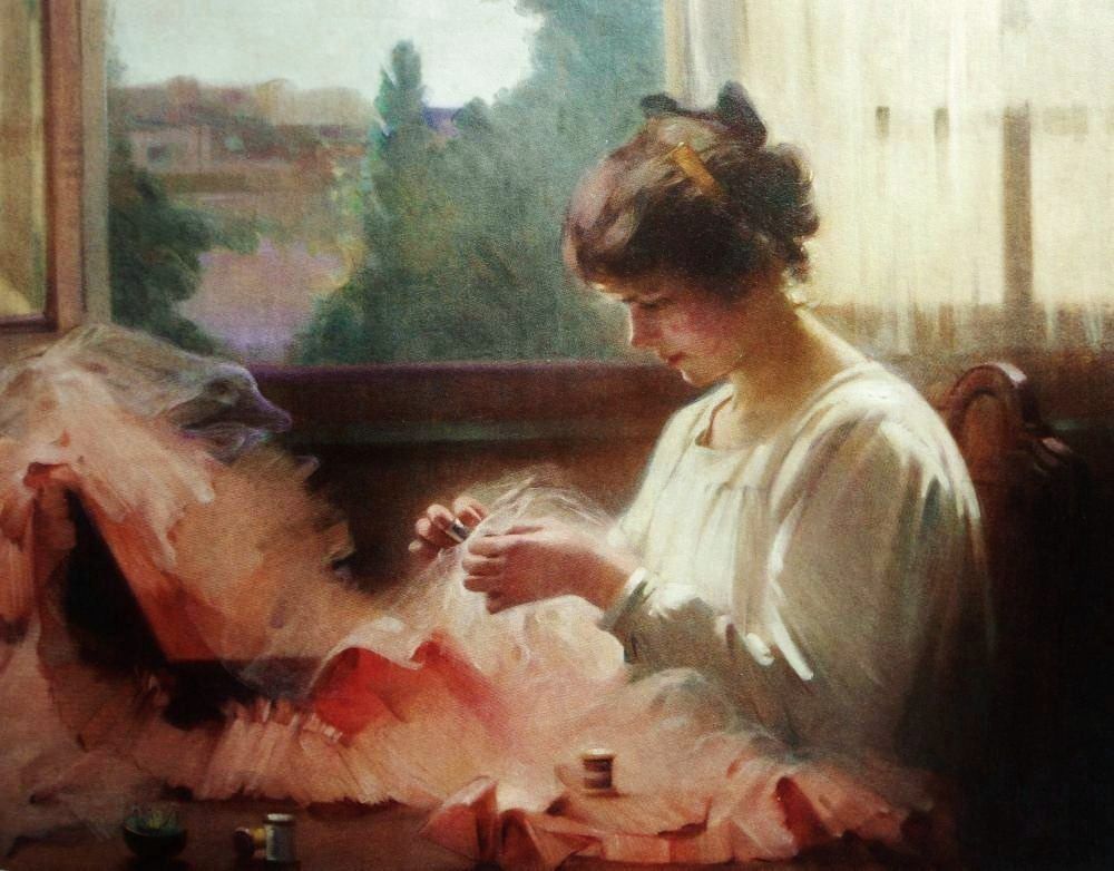 1000x782 Louise De Hem - The Seamstress Painting