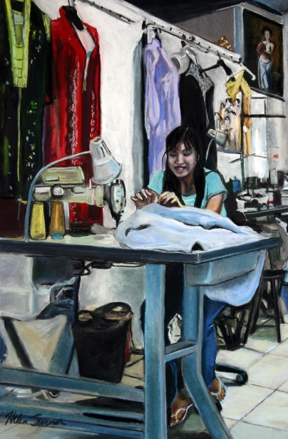 404x616 The Seamstress, Painting By Helen Turner, Kauai Artist - The Seamstress Painting