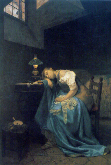 383x569 A Tired Seamstress Painting Angelo Trezzini Oil Paintings - The Seamstress Painting