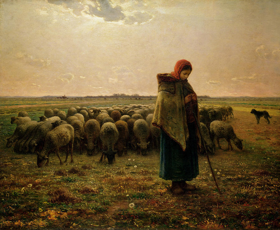 900x738 Shepherdess With Her Flock Painting By Jean Francois Millet - The Shepherdess Painting