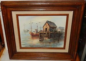 300x214 A.simpson Fishing Boats Harbor Scene Original Oil On Canvas - The Simpsons Sailboat Painting