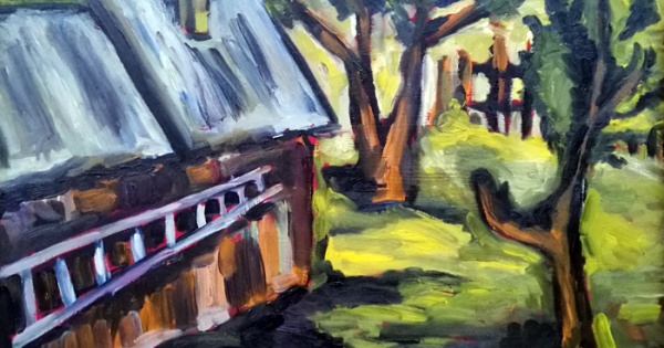 600x315 Ladder To The Smithy Forge Is Urbanistic Modern Art Landscape. - The Smithy Painting