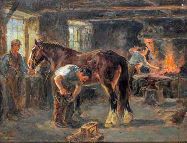 787x600 Ralph Hedley. Northumbrian Artists. Cullercoates School. Bewick - The Smithy Painting