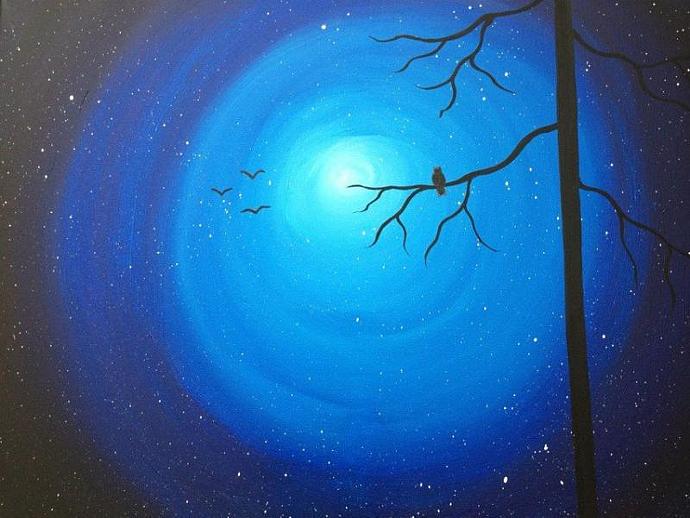 690x518 Owl Painting,moon,celestial Painting,blue By Creationsbyconni - The Star Painting