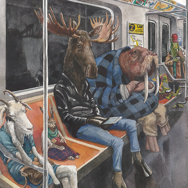 600x600 On The Subway, Original, Signed Painting By Jun Pierre Shiozawa - The Subway Painting