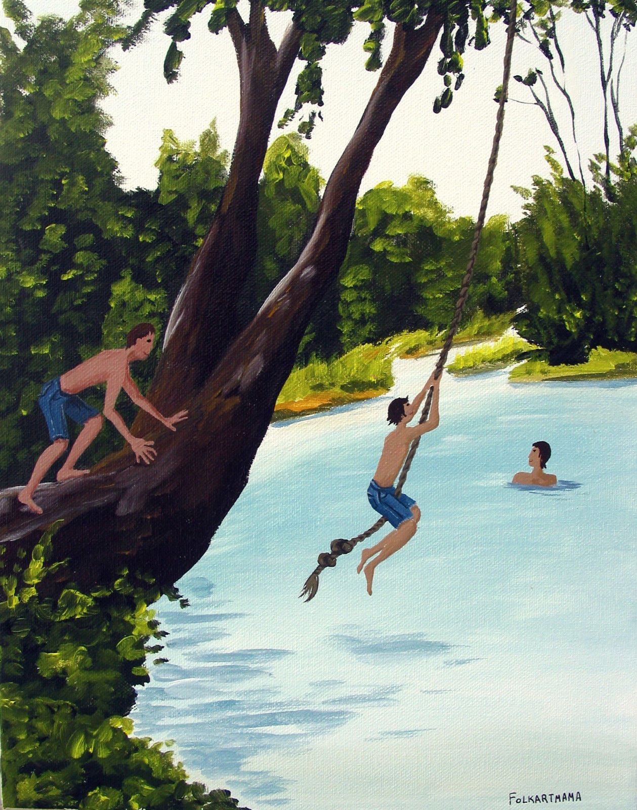 1259x1600 Original Painting Folk Art Southern Florida Alabama Georgia Kids - The Swimming Hole Painting