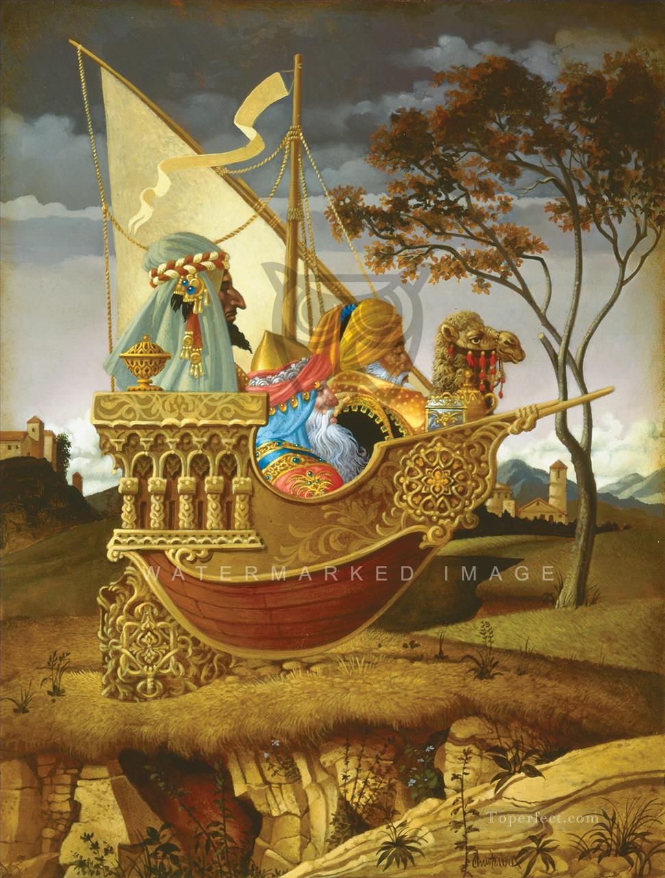 970x1280 Three Wise Men In A Boat Fantasy Painting In Oil For Sale - The Three Wise Men Painting