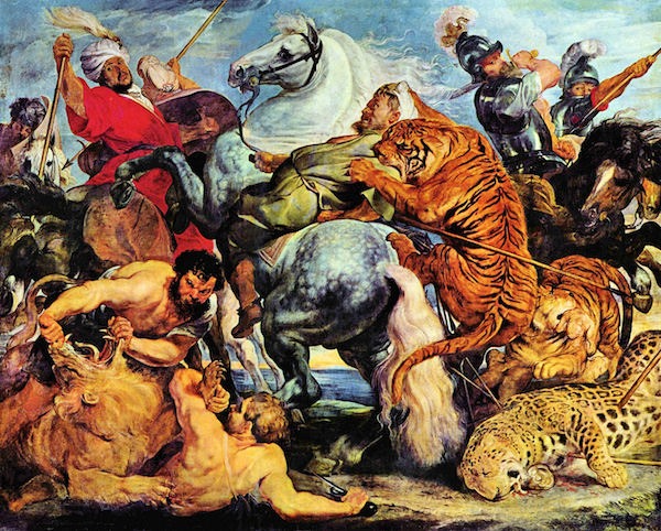600x482 Lion And Tiger Hunting By Rubens - The Tiger Hunt Painting
