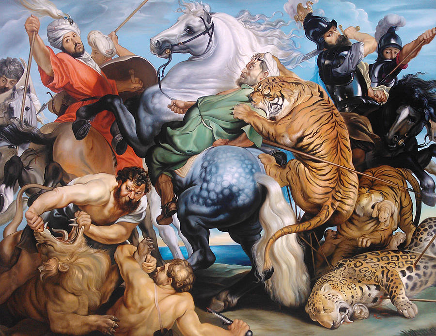 900x693 The Tiger, Lion And Leopard Hunt Painting By Andre Kazarian - The Tiger Hunt Painting