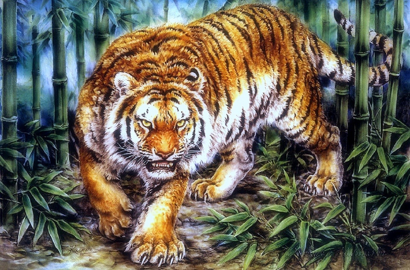 1400x923 Wildlife Paintings Animals Seasons Tigers Cats Four Tiger Wild - The Tiger Hunt Painting