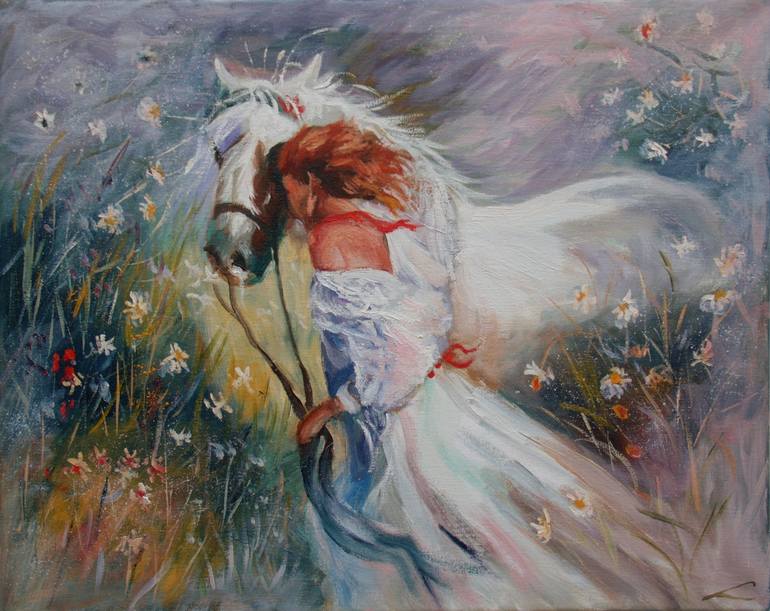 770x611 Saatchi Art Girl And A White Horse Painting By Elena Sokolova - The White Horse Painting
