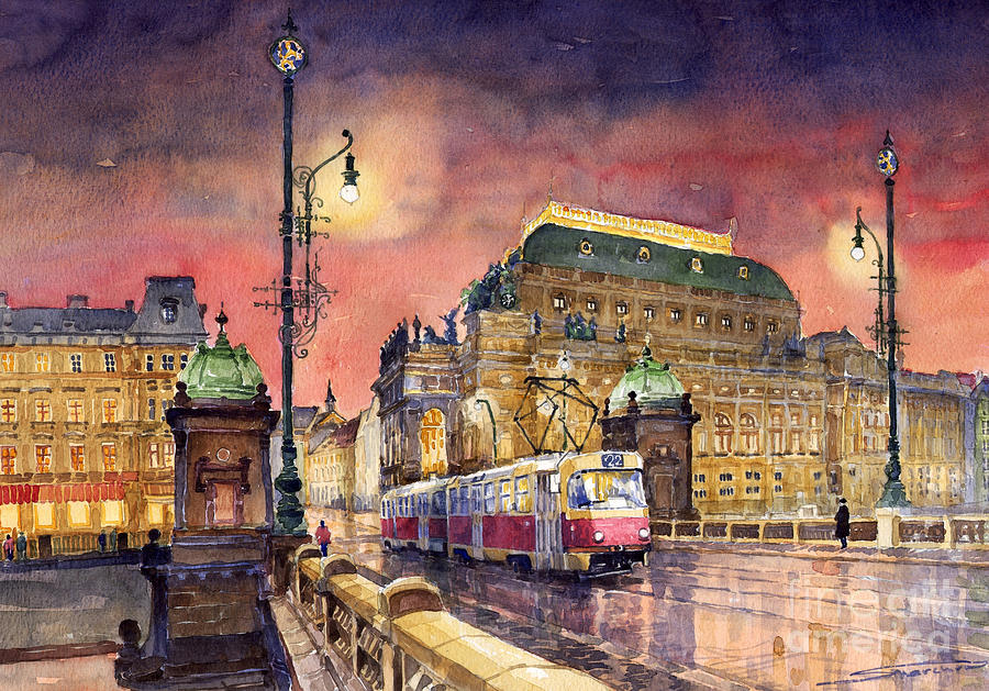 900x629 Prague Night Tram National Theatre Painting By Yuriy Shevchuk - Theatre Painting