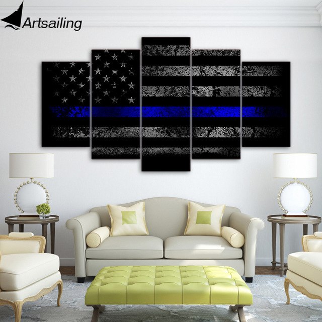 640x640 5 Piece Canvas Art Hd Print Thin Blue Line American Flag Picture - Thin Blue Line Canvas Painting