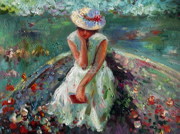 600x447 Thinking Girl On Flowers Oil Painting Op Cf12 18 - Thinking Painting